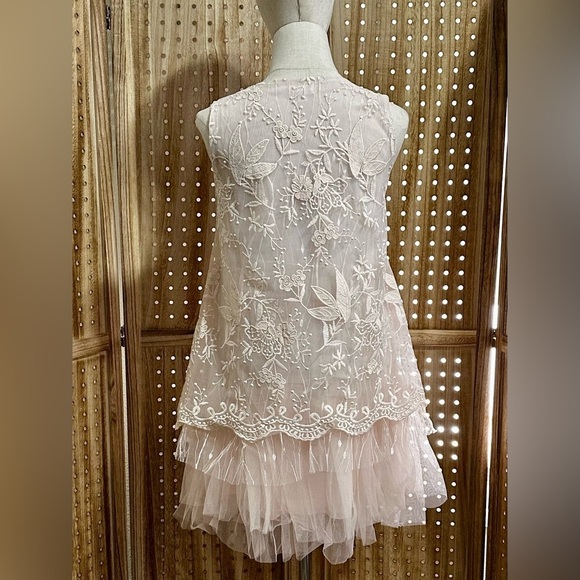 POL Blush Lace Tulle Embroidered Babydoll Dress | A-Line Mini | Size S - Picture 4 of 8